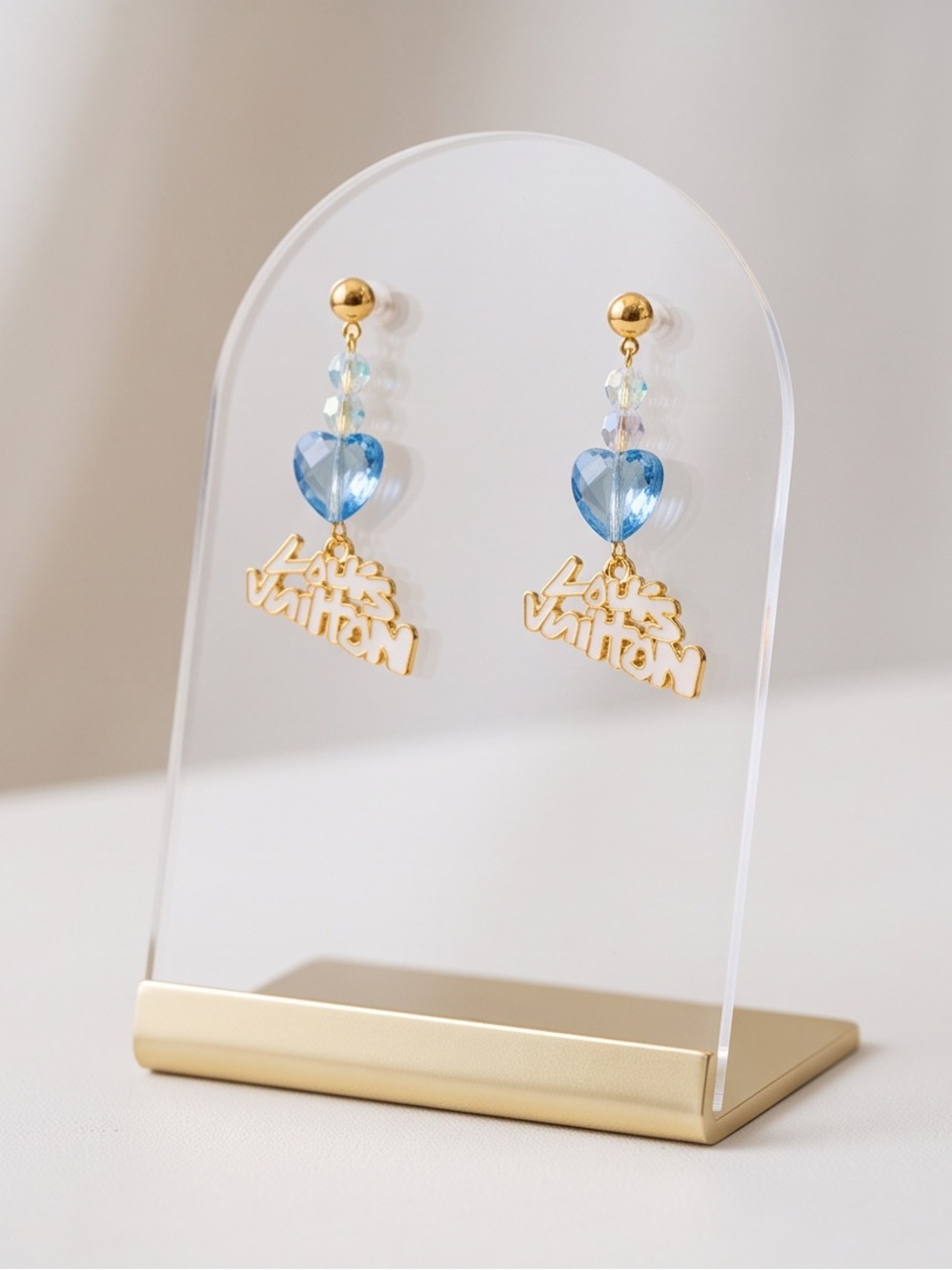 Gold-Plated Stainless Steel Blue Heart Drop Earrings - script Charm